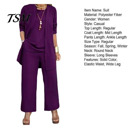 Damen Alltagsmode 3-teiliges Set Damen Mantel Weste Hosen Set Langarm Strickjacke Rundhals Ärmellos Elastische Taille Weiter Bein Hosen Casual Lockerer Hosenanzug