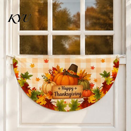 Semicircular Autumn Party Supplies Fall Bunting Fan Flag for Outside, 1.5 X 3ft Turkey Pumpkin Maple Thanksgiving Leaf Pattern Hanging Banner, Harvest