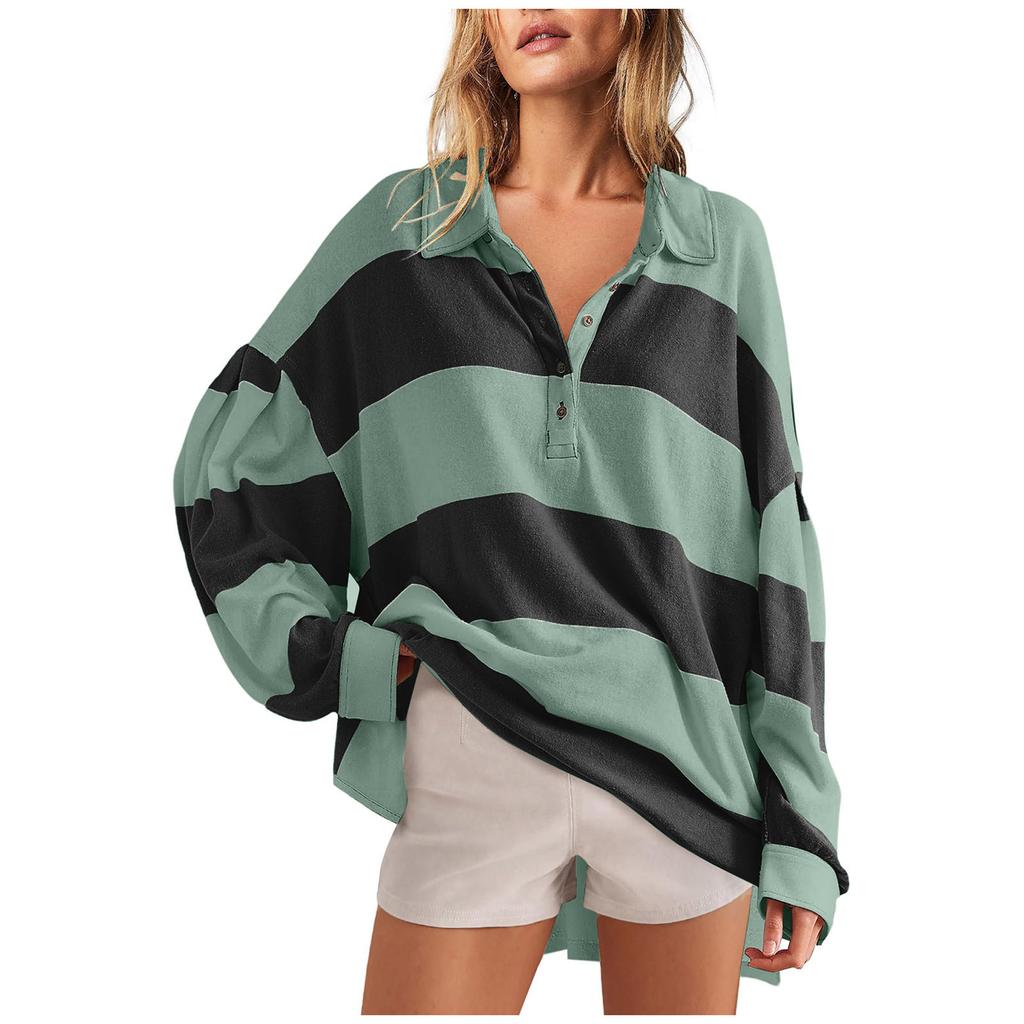 Women's Fashionable Striped Lapel Long Sleeved Sports Casual Pullover Sweatshirt Top