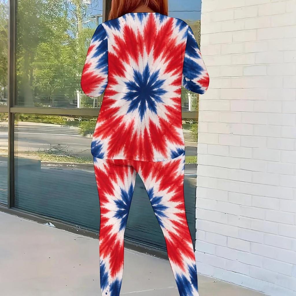 Women Plus Size Round Neck Long Sleeve Printed Top And Fitted Pants Two Piece Set