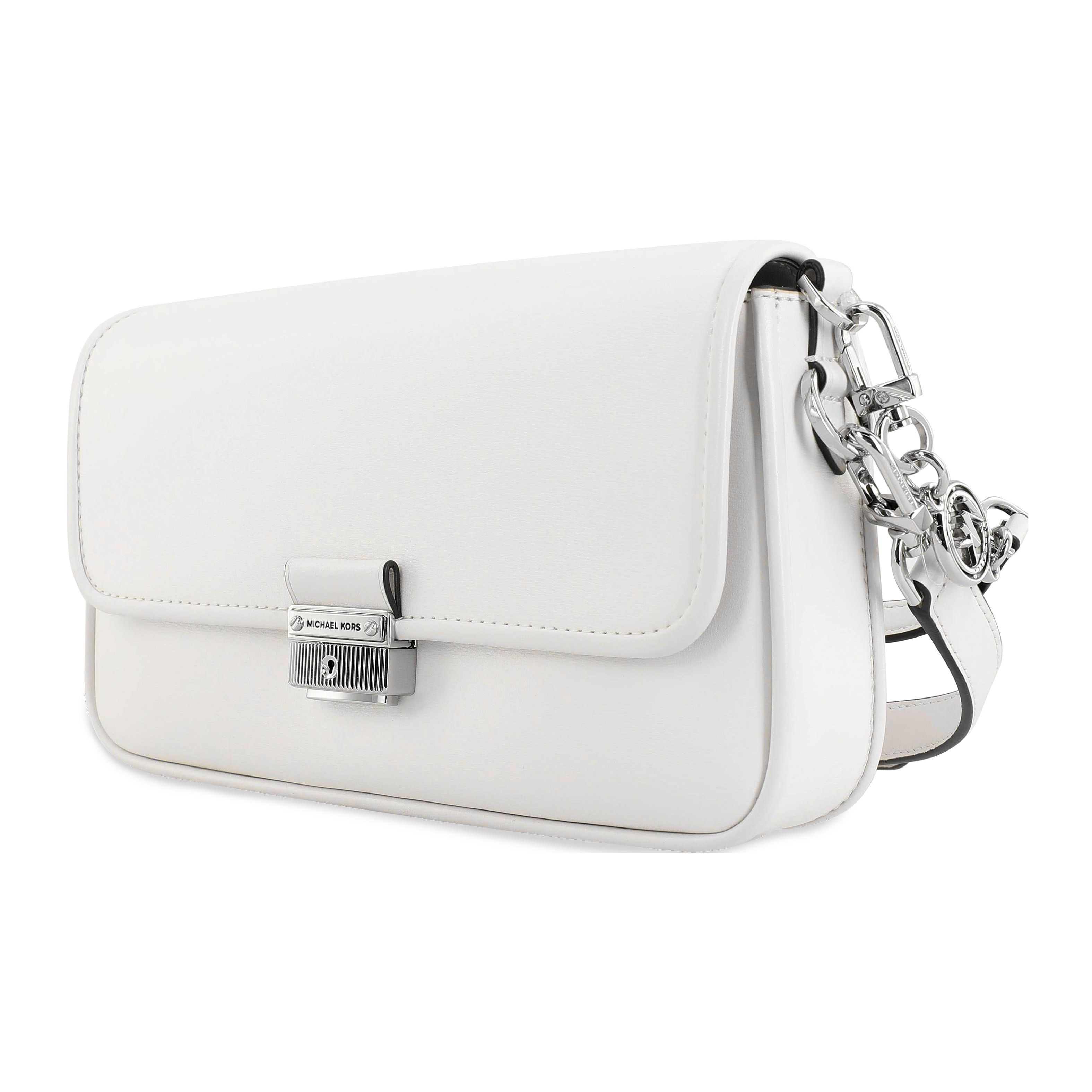 Michael Kors MK Bradshaw Solid Color Minimalist Flap Commuter Chain Leather Baguette Shoulder Bag Women shoulder bag Pure-White 30S1S2BL1L-085 Small