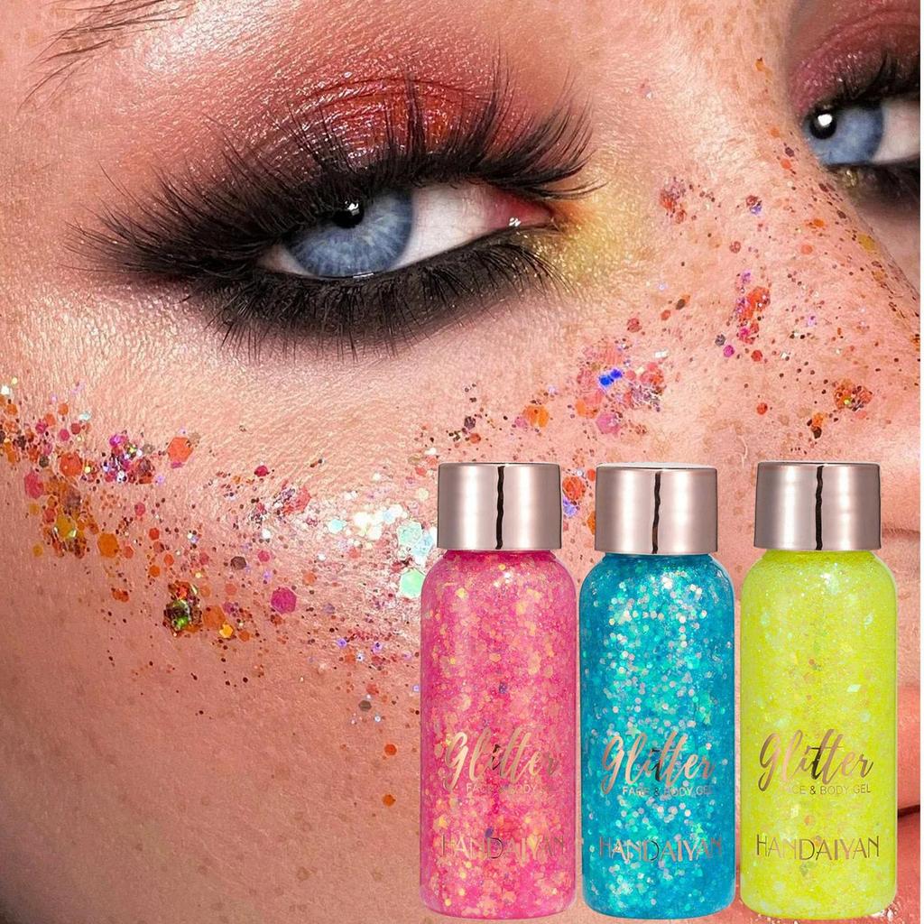 Body Glitter Gel Waterproof Glitter Gel Makeup Set Body Glitter Gel Sequin Glitter Eyeshadow Glitter Body Gel for and Parties Set, Kit, 3-Color Gel,