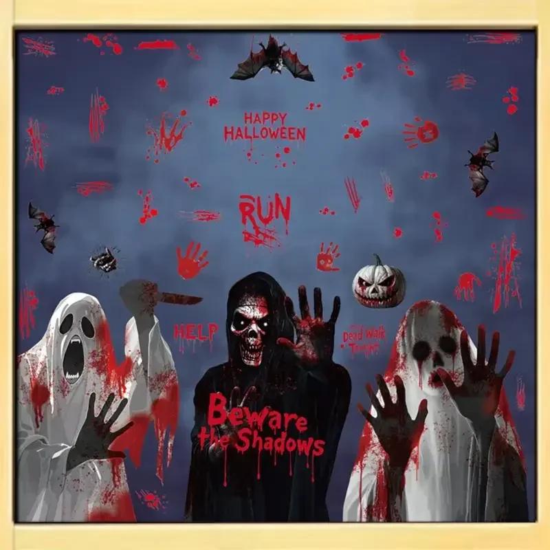 2025 Halloween Static Cling Stickers Scary Ghost Woman Bloody Handprint Window Decals For Spooky Party Home Decor