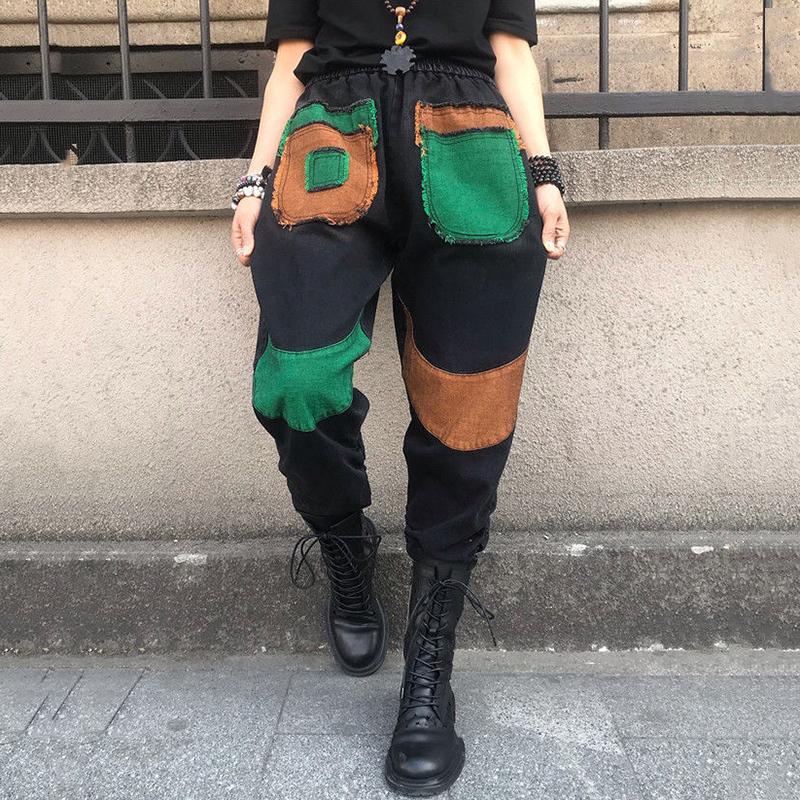 Patchwork Kapesní volné džínové kalhoty Dámské Vintage Streetwear Harem Jeans Dámské 2023 Podzim Dámské kalhoty s vysokým pasem