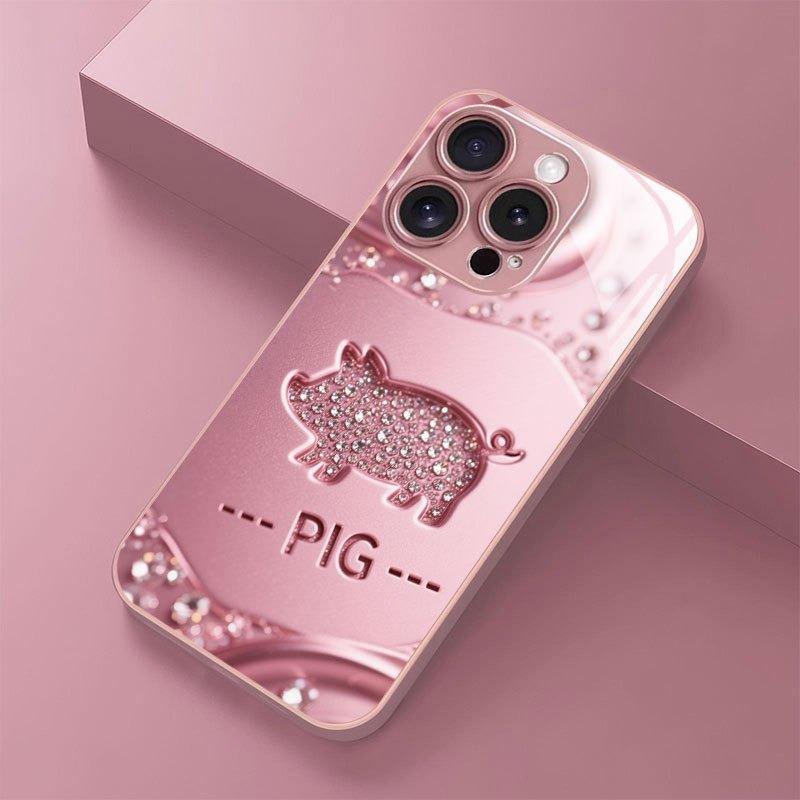 Lucky Pink Pig Pattern Metallic Paint Glass Hard Phone Case For iPhone 17 16 15 Pro Max 14 13 12 11 15 Plus 17 Air 16E Cover
