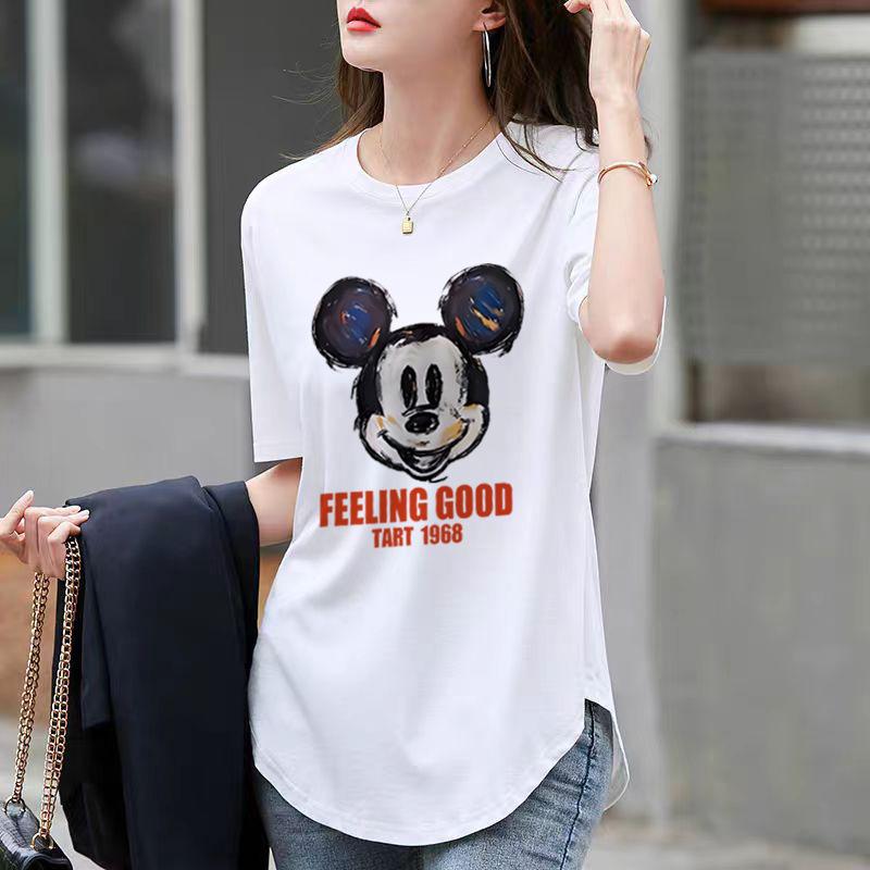 Ny Sommarvit Mellångd Böjd Kortärmad T-shirt för Dam Nisch Tecknad Tryckt Lös Topp