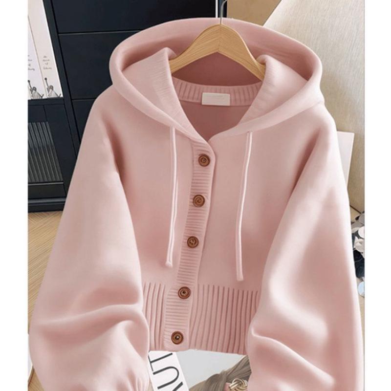 Women's Pink Knitted Hooded Cardigan - Soft & Loose, Korean Style Sweater for Spring & Autumn