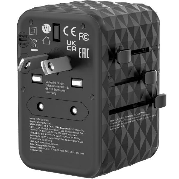 Verbatim Travel Adapter Eu/Uk/Us Gan 2Xusb-A/2Xusb-C Pd 65W Uta-05 Black/Black 32120