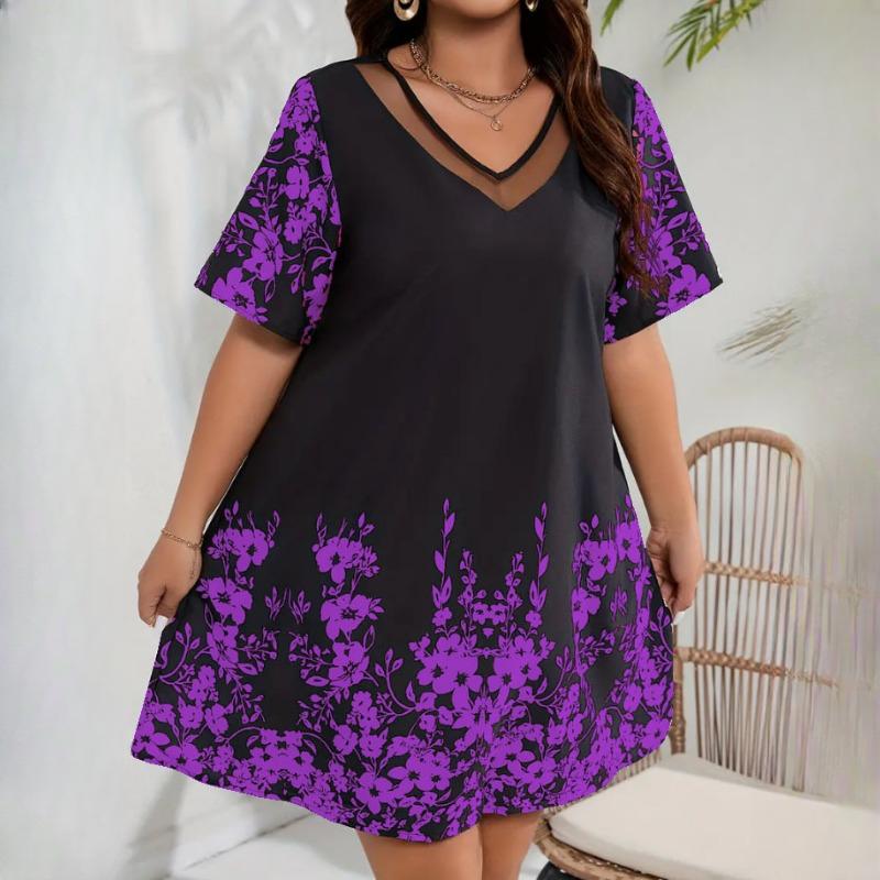 

IHUASU Plus Size Женские свободные удобные повседневные платья с принтом и сеткой с короткими рукавами XXXXXXL фиолетовый