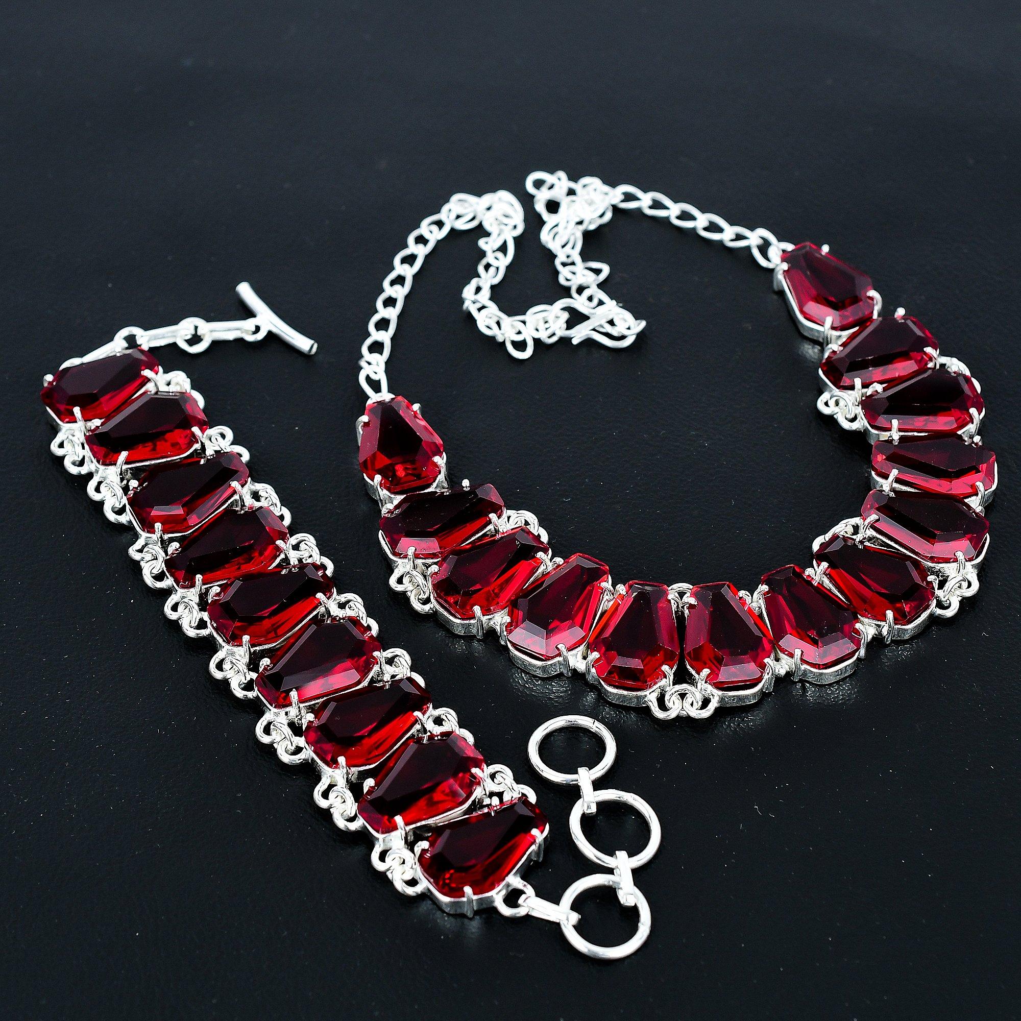 

Garnet Necklace & Bracelet Jewelry Set, Coffin Red Garnet Gemstone 925 Sterling Silver Handmade Jewelry Unique Collection, Wedding Gift 20 червоний
