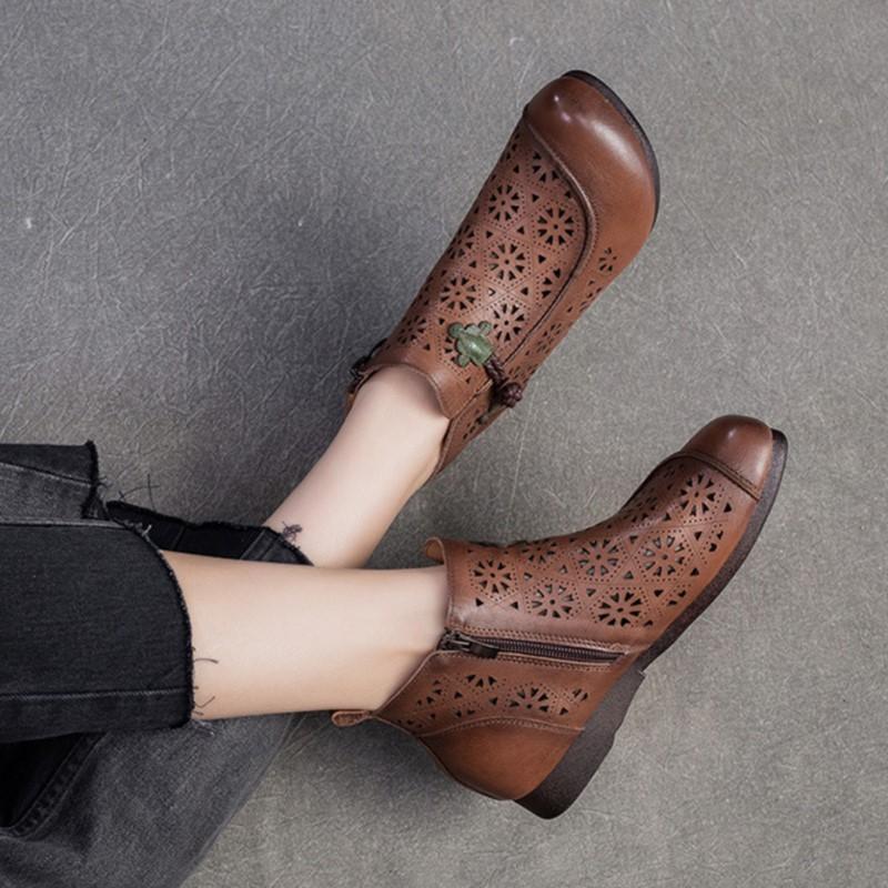 Johnature Prodyšné vyřezávané boty Letní pravá kůže Retro kulatá špička Dámské ploché sandály