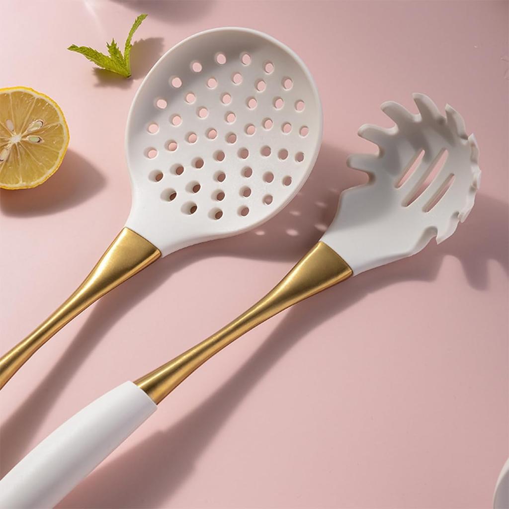 8pcs White Silicone Cooking Utensils with Strong Gold Handle Kitchen Essentials, Silicone Spatula Cooking Spoons