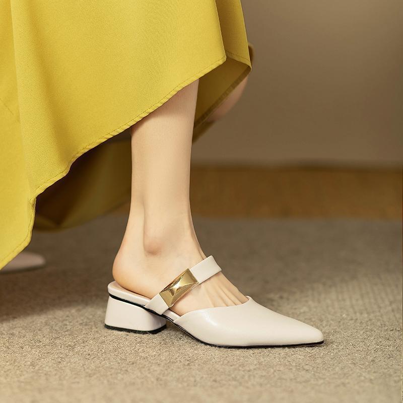 French Bag Head Half Slippers Women's Spring 2025 New Internet Celebrity Thick Heel Mueller Shoes Thick Middle Heel Pointed Single Shoes Women's Summe