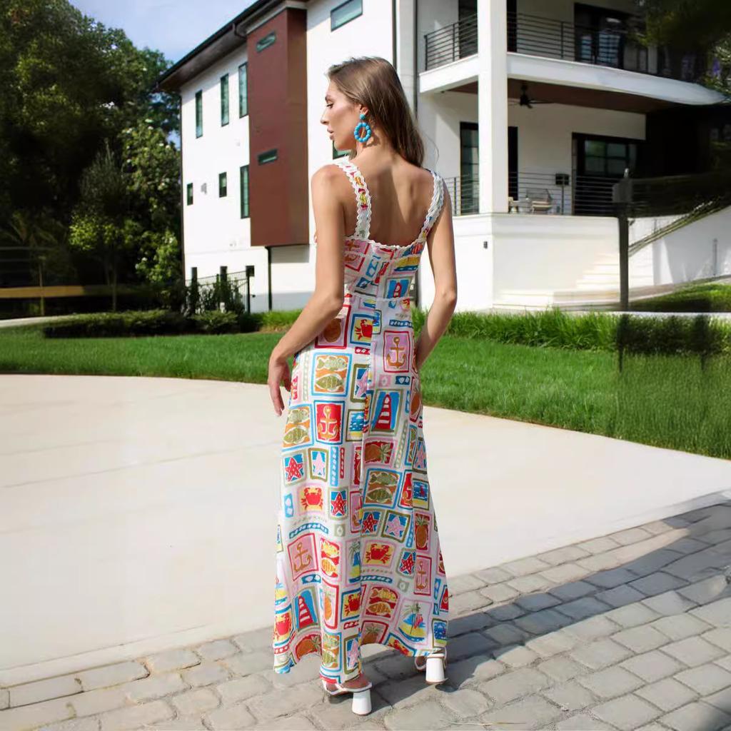 Printed Personalized Graffiti Sling Straps Sexy Lace Dress for Women