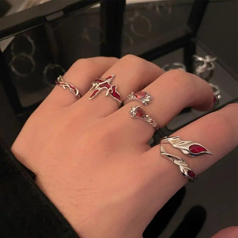 Vintage Red Enamel Cross Open Rings For Women Men Punk Hip Hop Irregular Lava Texture Rings Y2K Aesthetic Jewelry