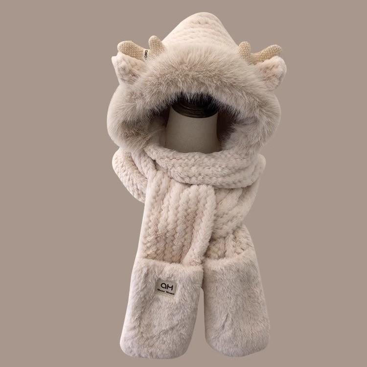 Cute Animal Earmuff Hat With Doublelayer Plush Knit For Cold Weather Wear бежевый
