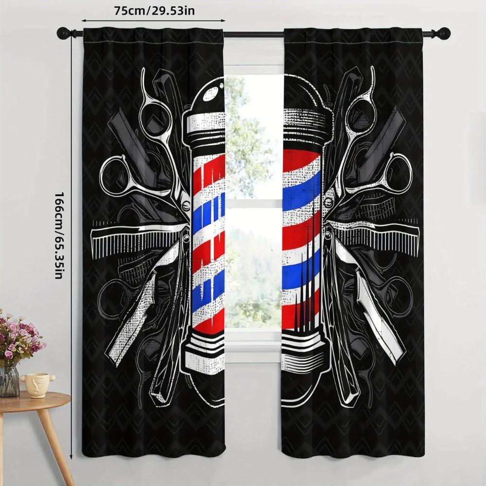 Barbers-style Scissors Combs with Striped Rods and American Flag Pattern Printed Curtains, Home Decorations, Room Decorations