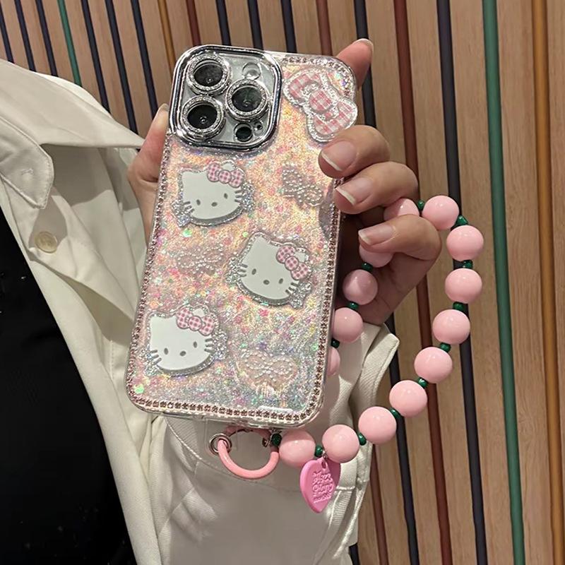 Luxury High-End Wind Fine Hole Anti-Drop 17 Mobile Phone Case Is Suitable For Apple 16Pro Cartoon Kt Cat Pink Epoxy