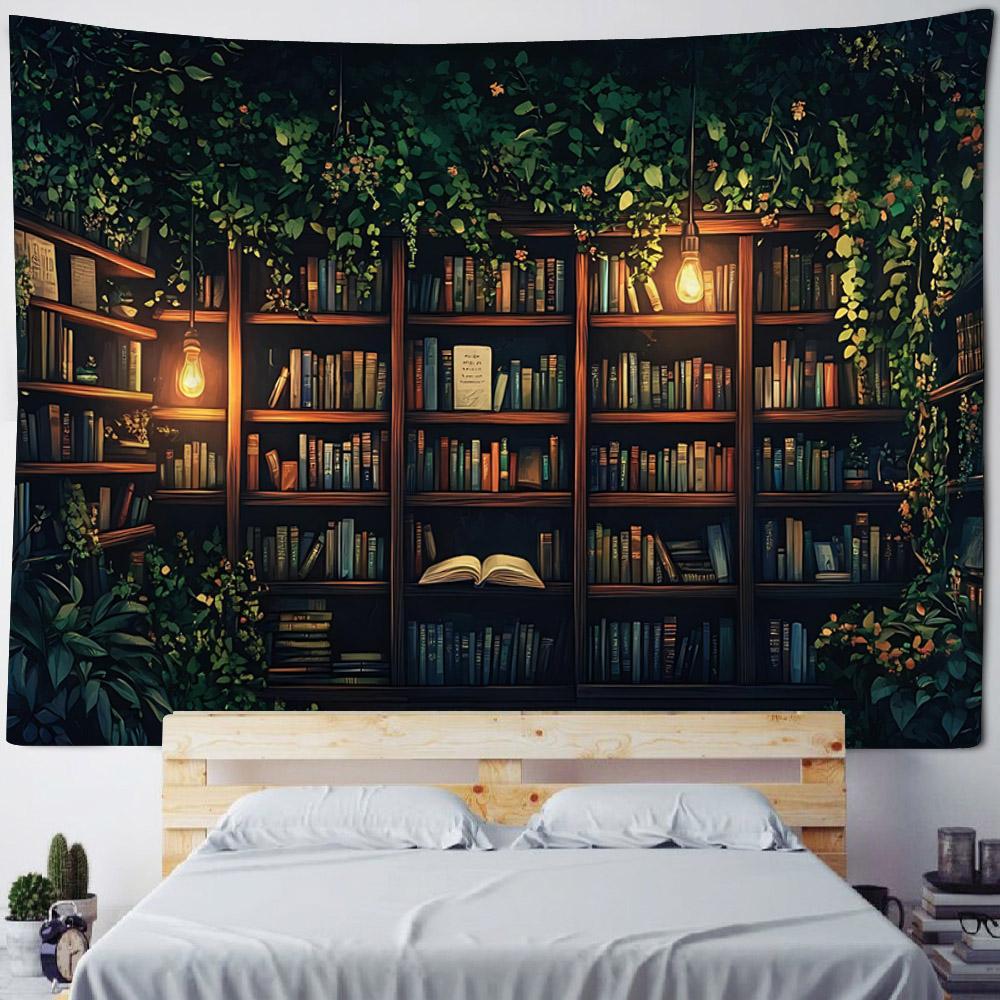 Magic Bookshelf Wall Mounted Tapestry Library, Living Room Background Cloth, Aesthetic Bedroom Decoration, Dreamy Home Decor