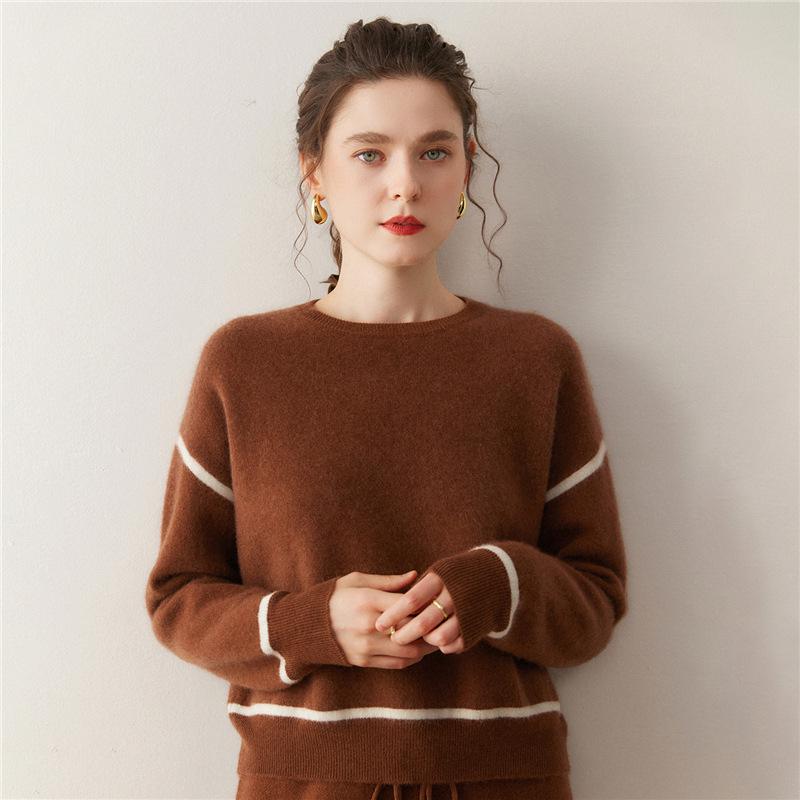 Lekasha 2026 Autumn Contrasting Color Cashmere Pullover - Thickened, Loose Fit, Round Neck, Short Style Sweater