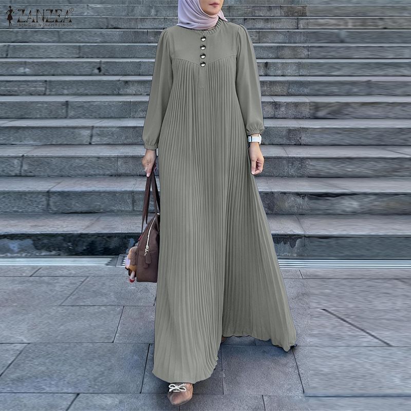 ZANZEA Rochie lungă pliată cu mâneci lungi, lejer, cu gât rotund