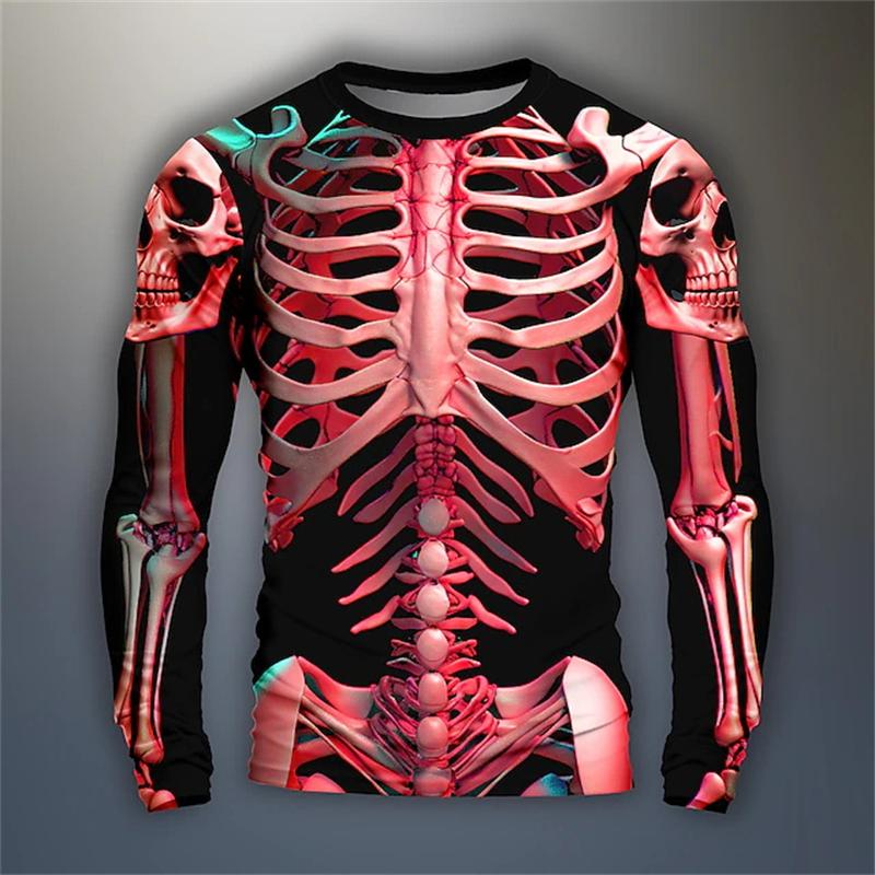 

3D Skeleton Skull Pattern Printed T-shirt Men Long Sleeve Casual Fashion T Shirt Top Breathable Streetwear Loose Tees Shirt 6XL