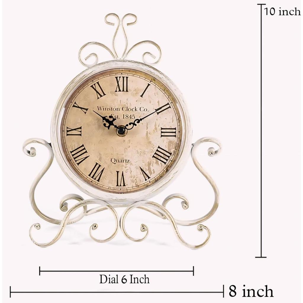 Ceas de masă stil antic cadran 10 in 6 in Ceas de birou Artă Unic pentru decor casă birou Metal Fier Sticlă Culoare (Whitee)