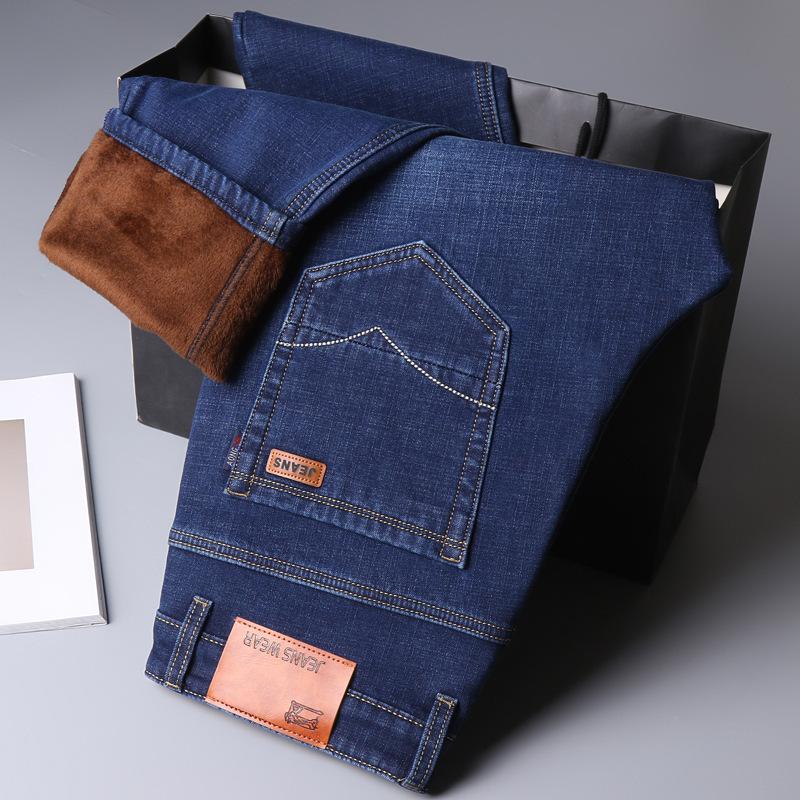 Winter Black Fleece-Lined Thickened Denim Trousers for Men Slim-Fit Straight Leg Stretch Casual Warm Versatile Trendy Trousers