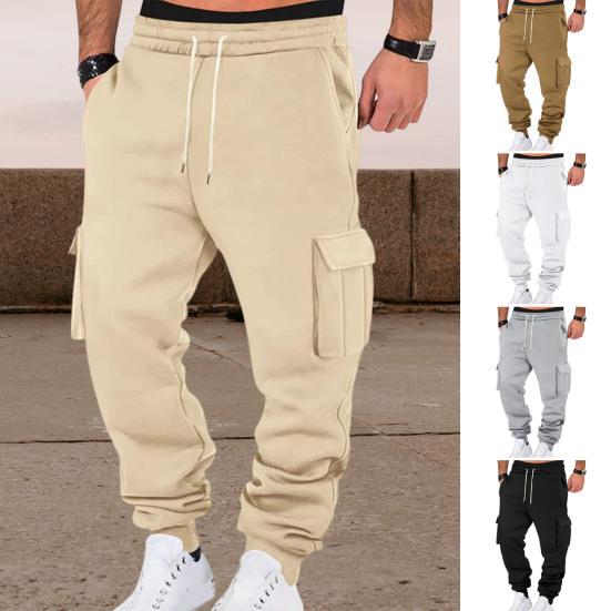 Men Cargo Pants Mid-rise Adjustable Waist Drawstring Casual Trousers with Reinforced
