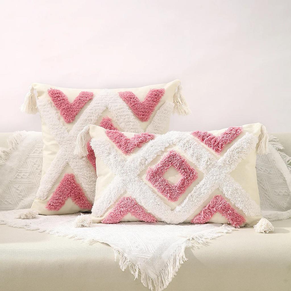 Tassels Cushion Cover Beige Boho Pillowcase with Tassels Tufted Home Decor Handmade Woven Pillowcase Sofa Living Room Decoration