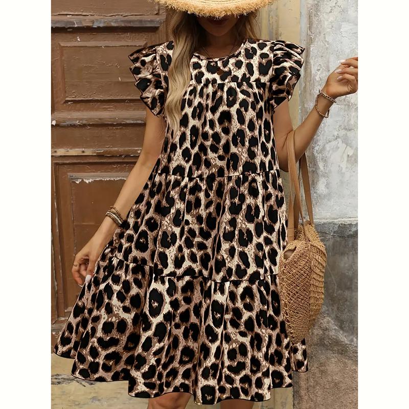 

Женское летнее платье с оборками, рукавами-крылышками, круглым вырезом, леопардовым принтом, для отпуска, пляжное, цельное XXL