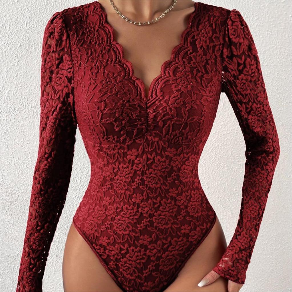 Kvinnor Body Blomma Broderi Spets Elastisk Djup V-hals Genomskinlig långärmad Enfärgad Slim Fit Mjuk Andas Spring Playsuit
