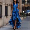 Women's Black Deep V Halter Satin Evening Gown with Asymmetrical Hem and High Slit