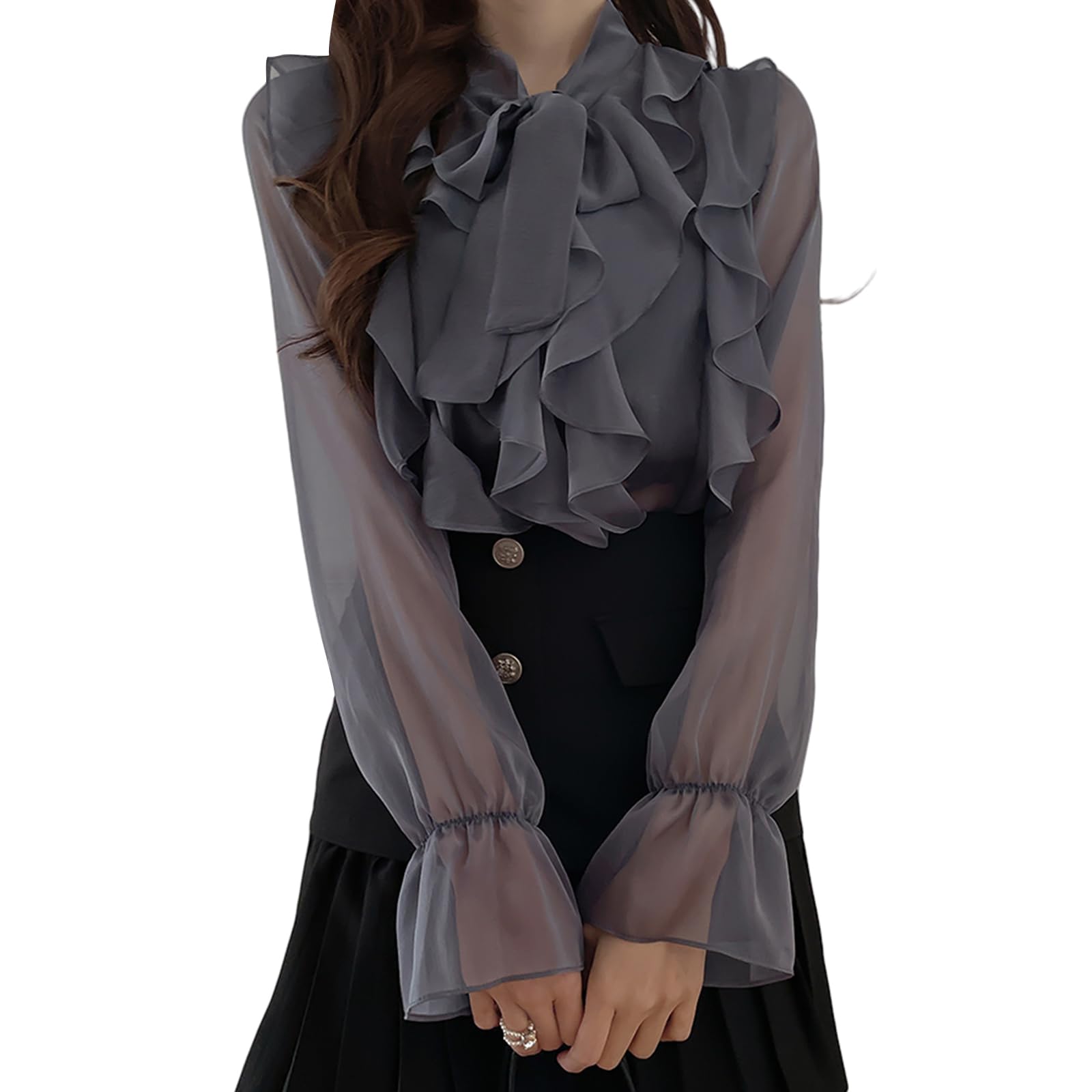 

Блузка женская [MEME XTRA] с бантом из шифоновой ленты, с оборками, прозрачная, с длинными рукавами-колоколами, свободного кроя, Прозрачная рубашка, Блузка, Рукав, Прозрачный, Прохладный, Рукава, Великолепный, серый