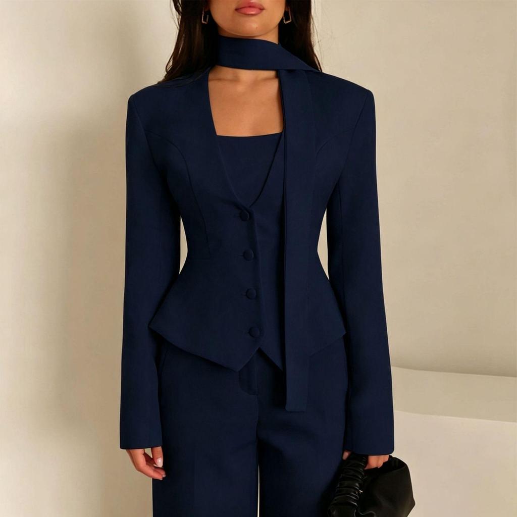 2026 Women's V-neck Scarf Decor Long Sleeve Casual Suit Jacket