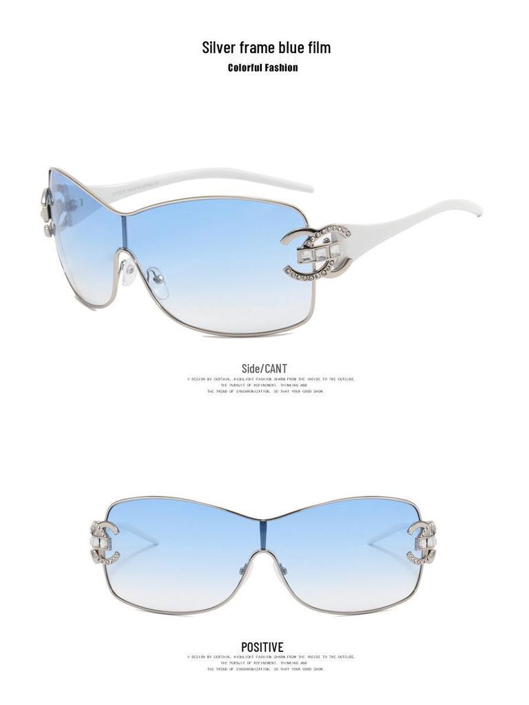 2022 Women's Frameless Rhinestone Fashion Sunglasses, One-Piece Large Frame Design
