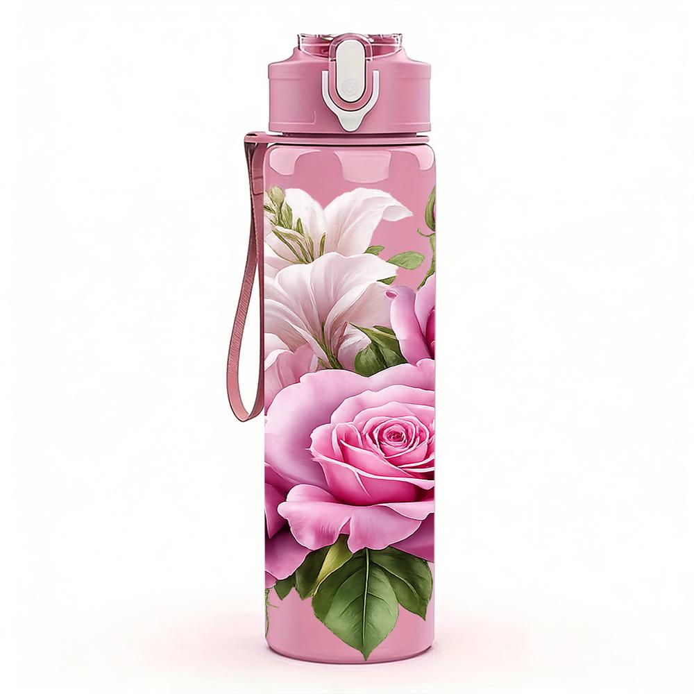 1PC Multi Shade Pink Rose Bouquet 750ml Color Plastic Water Bottle Leakproof Flip Straw Lid For Sports Office Home Use