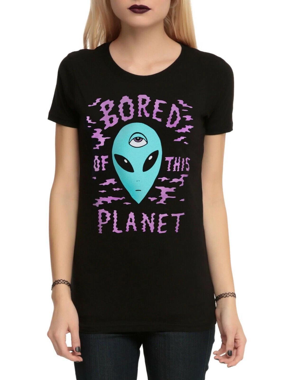 

Hot Topic Juniors Bored of This Planet Alien Head Funny Black Shirt New XS 2XL