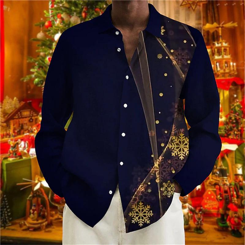 Christmas Men's Long-Sleeve Shirt, Red and White Color Block, Christmas Ball and Snowflake Pattern, Holiday Party Shirt