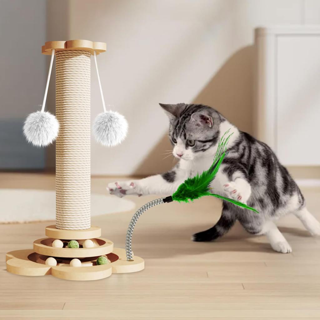 siawadeky Cat Scratching Rotating Natural Wood Grain Stress Exercise Cute Cat Purring Hanging Toy with Wings Pole, Flower-Shaped, Ball, Wooden, Hemp,