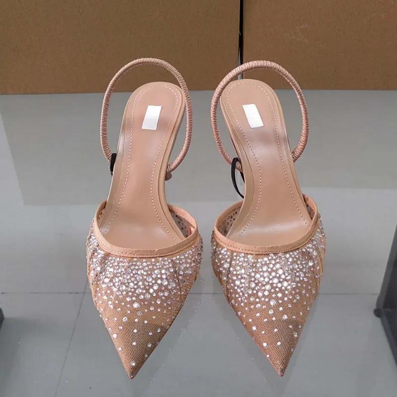

Summer New Women s Sandals Water Diamond Bright Mesh High Heels Footwear Elegant Slingback Pointed Slip on Party Lady Shoes 35 бежевый