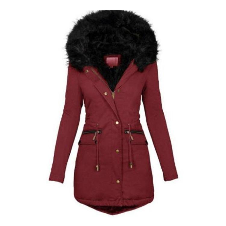 Fleece Lined Warm Winter Puffer Coat with Hooded Faux Fur and Pockets Women Long Thicken Parka Jacket S вино красного