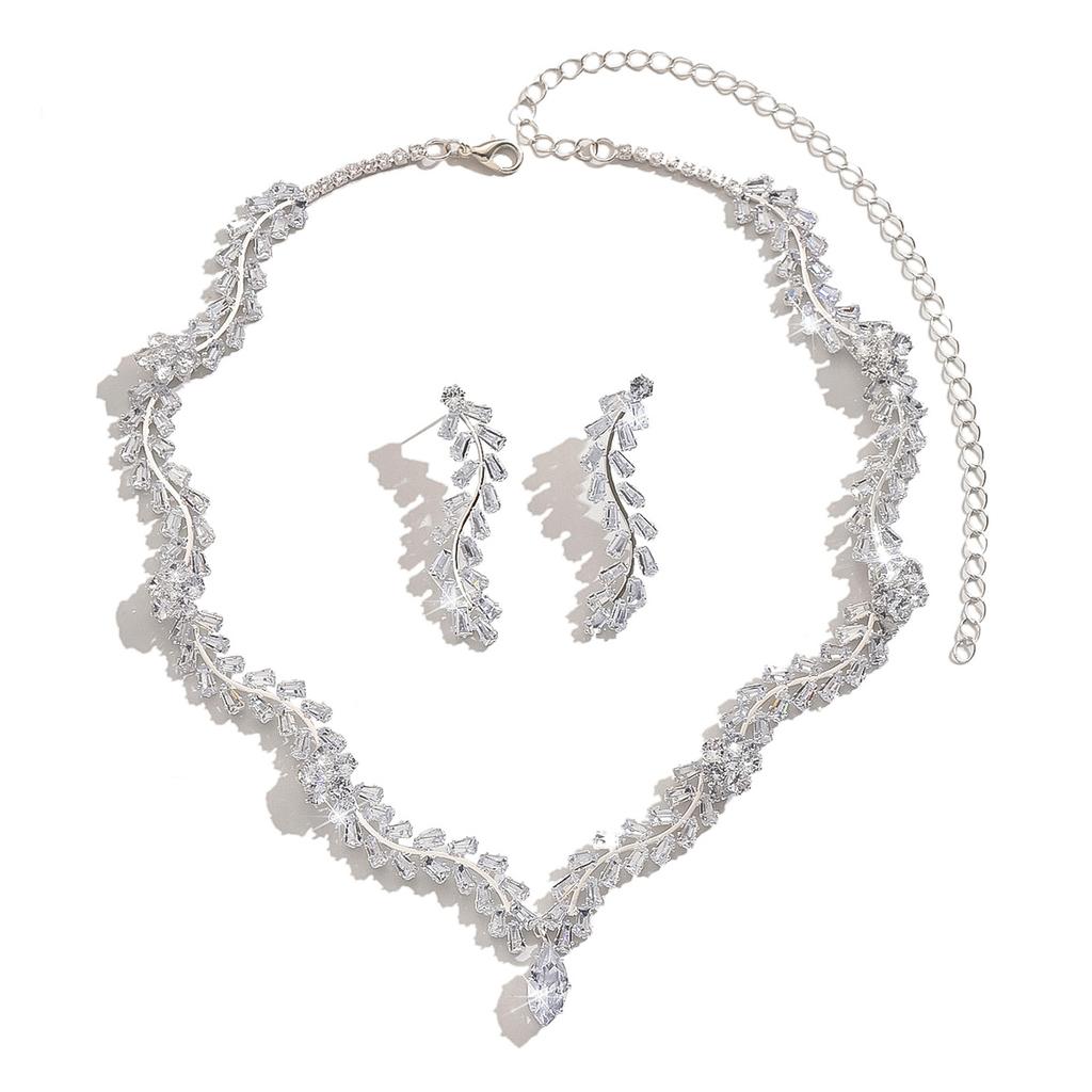 3PC Women's Fashion Zircon Geometric Curve Necklace Earrings Zircon Set Simple Wedding Party Festival Gift-8568