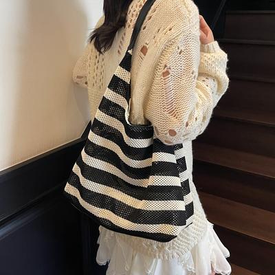 Premium Contrasting Striped Woven Bag Large Capacity Hollow Shoulder Underarm Bag Tote Bag Leisure Travel Bag