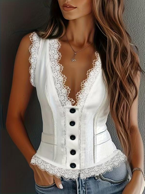 

White Sleeveless Top with Lace Trim and Black Buttons S белый