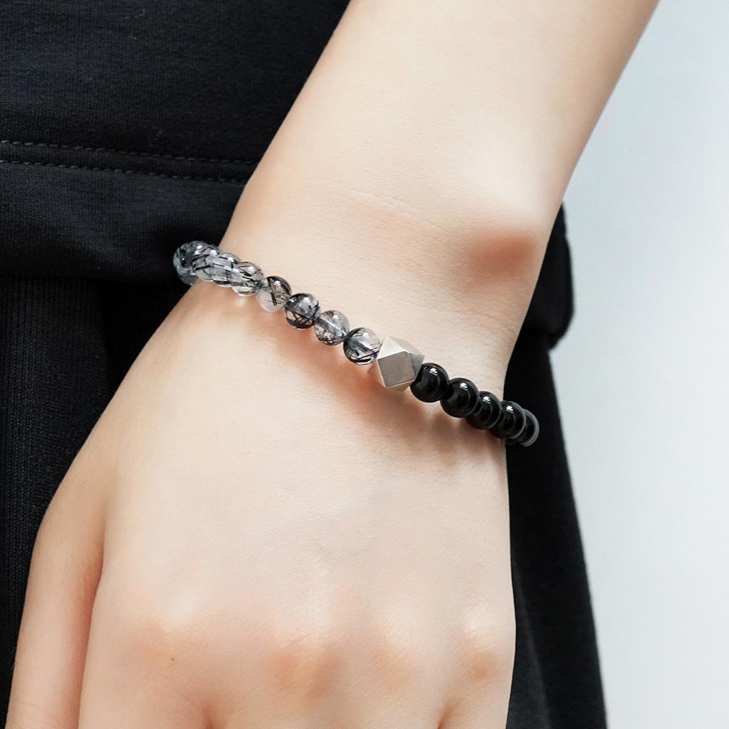 Original design natural black rutilated quartz s9Silver octagonal beaded bracelet for men and women, simple design for couples