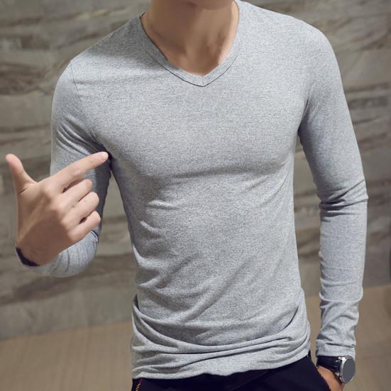 Men Shirt Solid Color Pullover Casual V Neck Long Sleeve Slim Autumn Base Shirt for Daily Wear