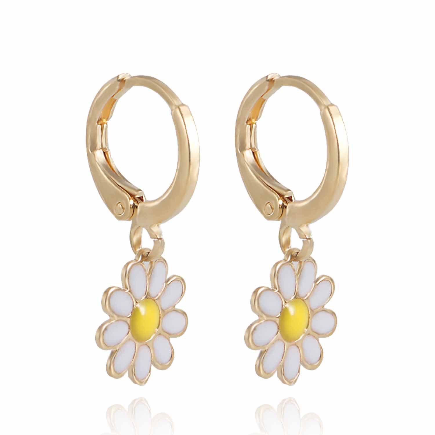 

Ear Buckle Hoop Earrings for Women Girl Delicate Enamel Sunflower Pendant Circle Earrings Jewelry