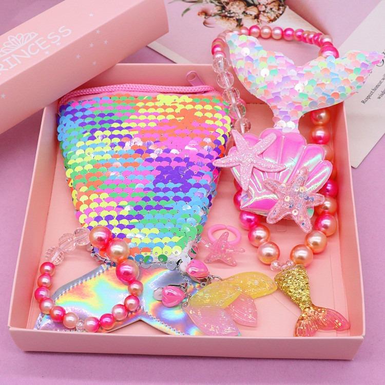 

Аксессуары для вечеринок в виде русалочки для девочек, ожерелье, кольцо, серьги, браслет, детская игрушка, детский подарок на день рождения, волшебный кошелек с пайетками, повязка на голову жёлтый