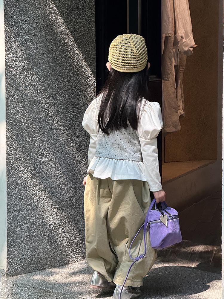 Tricou de fete cu mâneci bufante cu buline - Stil coreean de toamnă